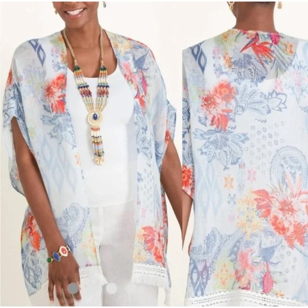 Chicosโ Ruana Wrap Linen Floral Paisley Kimono Blue White Lace Trim Coastal S/M
